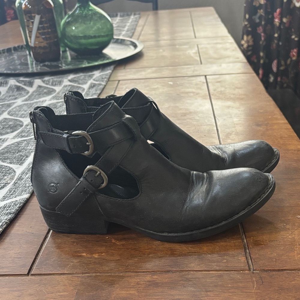 Born Leather Stylish Black Ankle Booties with Buckle Detail